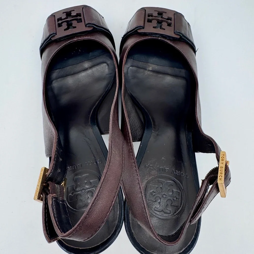 Tory Burch Dark Brown Leather Peep Toe 8M Slingback Block Heel Pumps